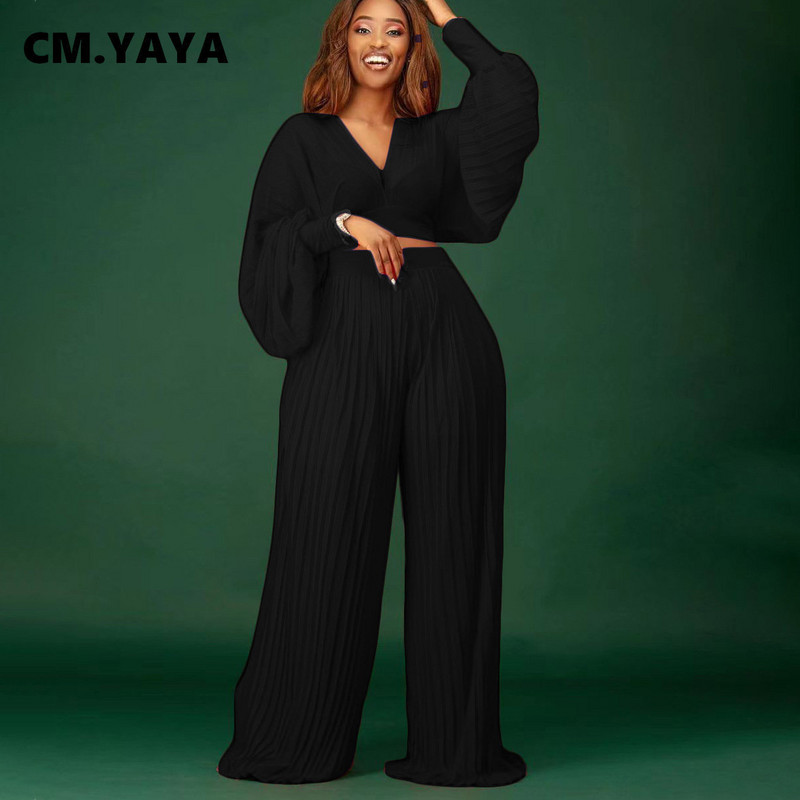 CM.YAYA Γυναικεία αθλητική φόρμα με πλισέ Μασίφ διαφανή πλισέ μπλούζες και φαρδιά παντελόνια μόδας δύο 2 τεμαχίων σετ μόδας