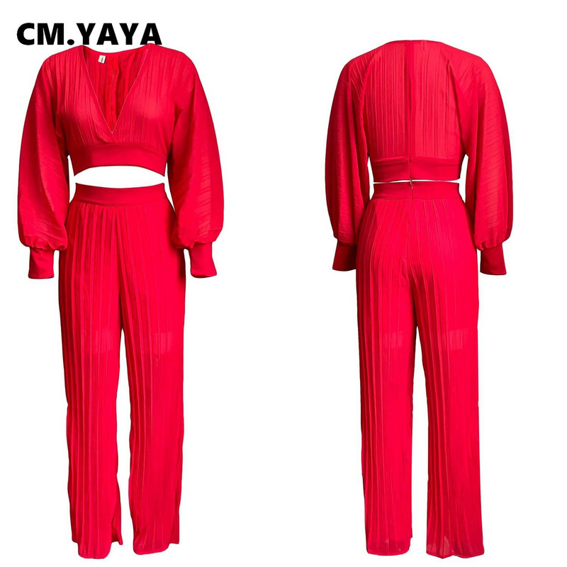 CM.YAYA Γυναικεία αθλητική φόρμα με πλισέ Μασίφ διαφανή πλισέ μπλούζες και φαρδιά παντελόνια μόδας δύο 2 τεμαχίων σετ μόδας