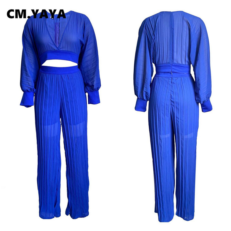 CM.YAYA Γυναικεία αθλητική φόρμα με πλισέ Μασίφ διαφανή πλισέ μπλούζες και φαρδιά παντελόνια μόδας δύο 2 τεμαχίων σετ μόδας