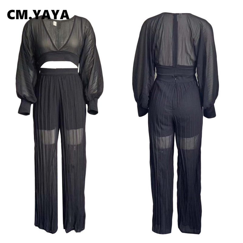 CM.YAYA Γυναικεία αθλητική φόρμα με πλισέ Μασίφ διαφανή πλισέ μπλούζες και φαρδιά παντελόνια μόδας δύο 2 τεμαχίων σετ μόδας