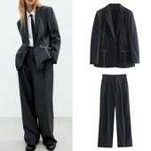 TRAF, 2022. aasta sügis, uued naiste komplektid, moodne kontrastset värvi sirge pika ühe nupuga bleiser + kõrge vöökohaga laia säärepüksid CD8752