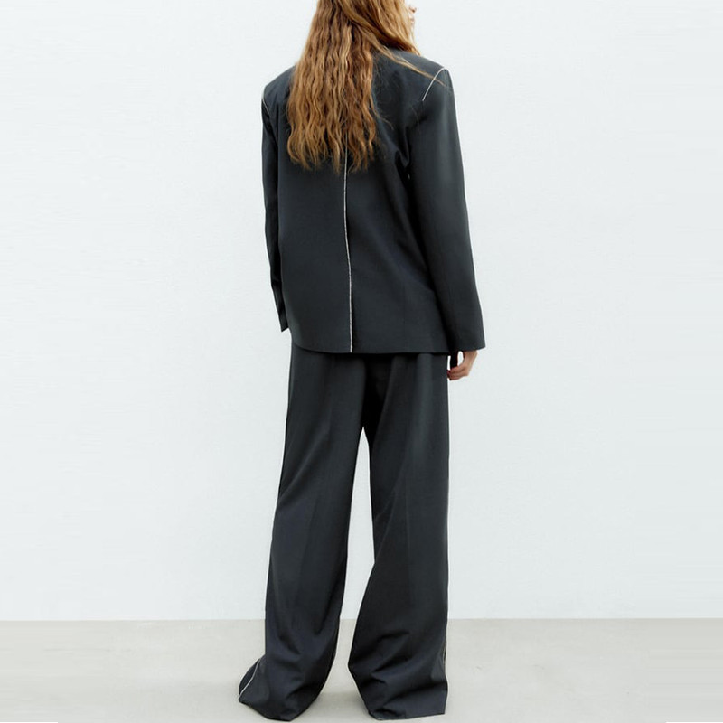 TRAF, 2022. aasta sügis, uued naiste komplektid, moodne kontrastset värvi sirge pika ühe nupuga bleiser + kõrge vöökohaga laia säärepüksid CD8752
