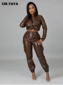 CM.YAYA Set elegant Safari PU Două 2 Piese Ținută pentru femei 2022 Iarna Toamnă Pantaloni și Jachetă Costum Trening din piele artificială