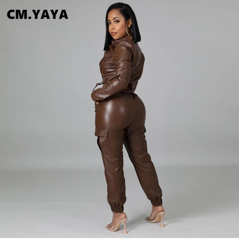 CM.YAYA Set elegant Safari PU Două 2 Piese Ținută pentru femei 2022 Iarna Toamnă Pantaloni și Jachetă Costum Trening din piele artificială