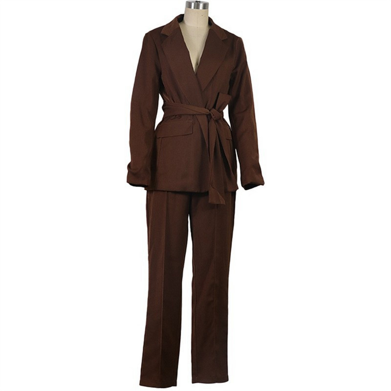 Costume de birou de primăvară toamnă pentru damă, culoare solidă, căptușită cu curea cu rever, Blazer lung pentru femeie Chic Mujer Ensemble Femme 2 piese