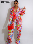 CM.YAYA Casual Floral εμπριμέ Πλισέ Γυναικείο Σετ Πιστό γιακά Μακρυμάνικο Μπλουζάκι και παντελόνι Δύο 2 τεμαχίων Σετ αθλητική φόρμα