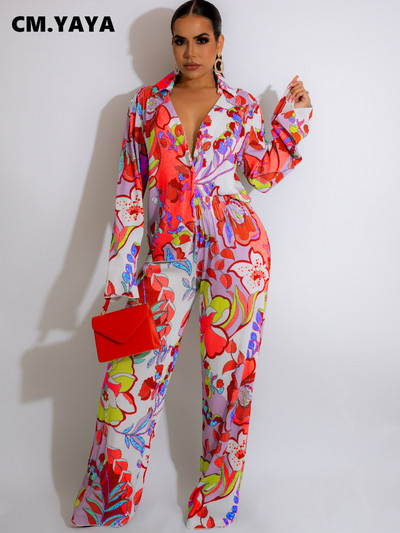 CM.YAYA Casual Floral εμπριμέ Πλισέ Γυναικείο Σετ Πιστό γιακά Μακρυμάνικο Μπλουζάκι και παντελόνι Δύο 2 τεμαχίων Σετ αθλητική φόρμα