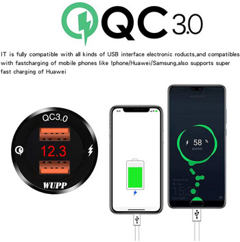 Αδιάβροχο 12V μοτοσικλέτας QC3.0 Διπλές θύρες φορτιστή USB Προσαρμογέας ρεύματος με ψηφιακό βολτόμετρο για smartphone, tablet και GPS
