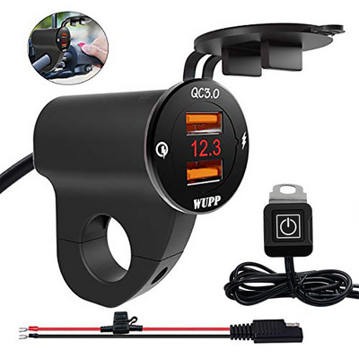 Vodootporan 12V motociklistički QC3.0 adapter s dva USB priključka za punjač s digitalnim voltmetrom za pametne telefone, tablete i GPS