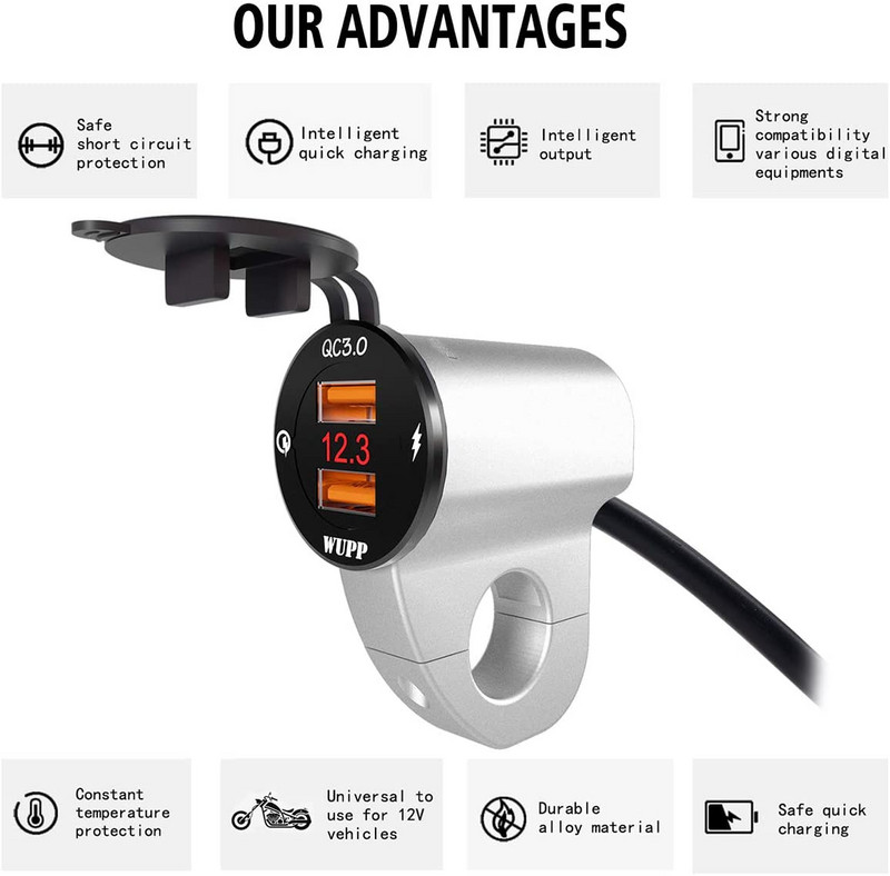 Vodootporan 12V motociklistički QC3.0 adapter s dva USB priključka za punjač s digitalnim voltmetrom za pametne telefone, tablete i GPS