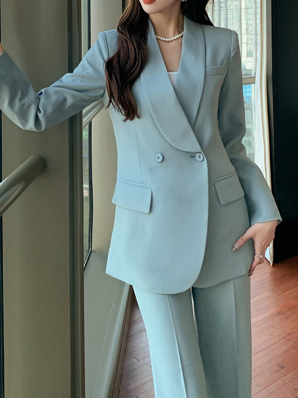 Γυναικείο Γραφείο Μπλε Μπλέιζερ Παντελόνι Vintage Μακρυμάνικο Σακάκια Μολύβι Παντελόνι 2 τεμαχίων Γυναικεία Μόδα Κορεάτικα Ρούχα εργασίας