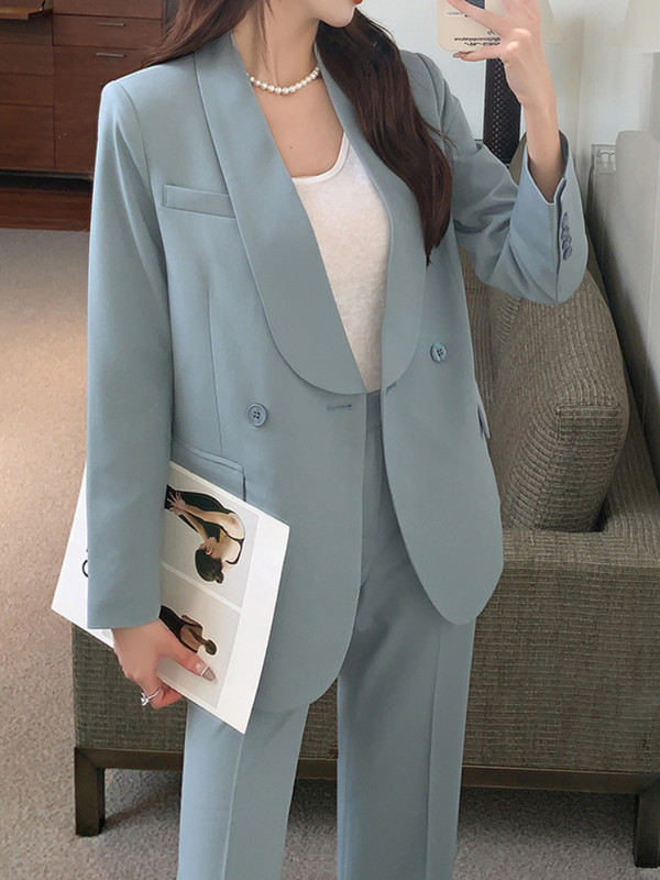 Γυναικείο Γραφείο Μπλε Μπλέιζερ Παντελόνι Vintage Μακρυμάνικο Σακάκια Μολύβι Παντελόνι 2 τεμαχίων Γυναικεία Μόδα Κορεάτικα Ρούχα εργασίας