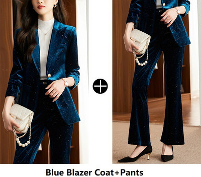 Kvaliteetsest kangast sametist naiste äriülikonnad pükste ja jakkidega mantel Sügistalvise töörõivaste bleiserite komplekt pükskostüümid