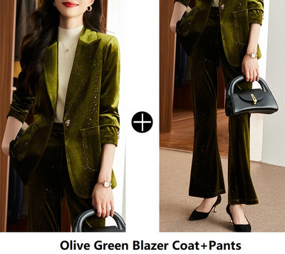 Kvaliteetsest kangast sametist naiste äriülikonnad pükste ja jakkidega mantel Sügistalvise töörõivaste bleiserite komplekt pükskostüümid