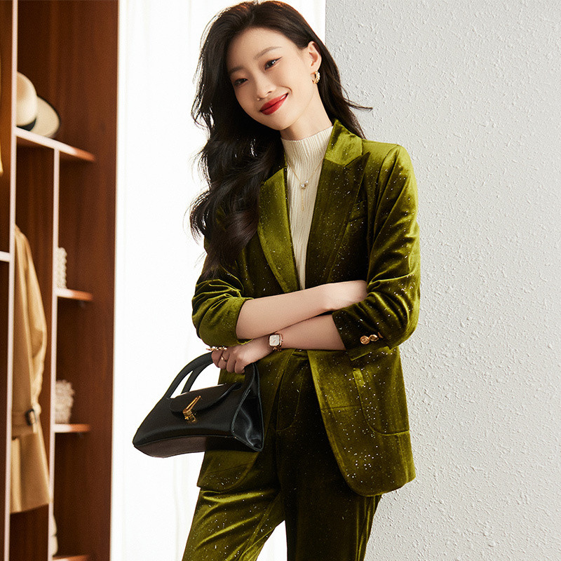 Kvaliteetsest kangast sametist naiste äriülikonnad pükste ja jakkidega mantel Sügistalvise töörõivaste bleiserite komplekt pükskostüümid