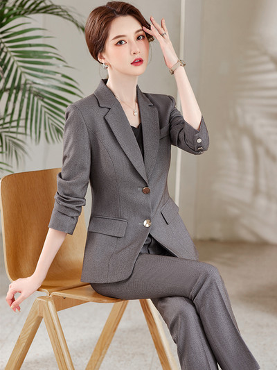 Costum cu pantaloni pentru femei, birou formal, doamne, haine de afaceri, blazer și pantaloni, verde, albastru, bleumarin, gri pentru femei, set 2 piese cu mâneci lungi