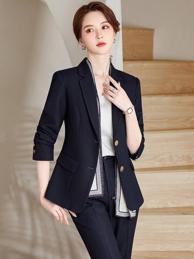 Costum cu pantaloni pentru femei, birou formal, doamne, haine de afaceri, blazer și pantaloni, verde, albastru, bleumarin, gri pentru femei, set 2 piese cu mâneci lungi