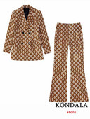 KONDALA Vintage maro ocazional costum cu imprimare de flori cu mâneci lungi cu decolteu în V Pantaloni lungi, drepti, cu fermoar, seturi de toamnă 2022