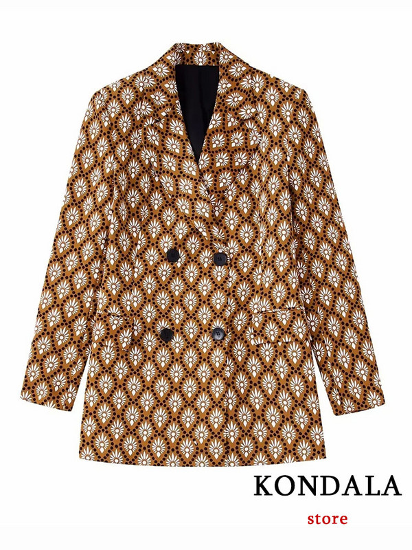 KONDALA Vintage maro ocazional costum cu imprimare de flori cu mâneci lungi cu decolteu în V Pantaloni lungi, drepti, cu fermoar, seturi de toamnă 2022