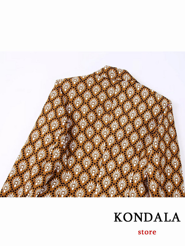 KONDALA Vintage maro ocazional costum cu imprimare de flori cu mâneci lungi cu decolteu în V Pantaloni lungi, drepti, cu fermoar, seturi de toamnă 2022