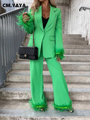 CM.YAYA Vintage γυναικεία φτερωτή ίσια κοστούμι παντελόνι και ένα κουμπί blazer Fashion Two Σετ 2 τεμαχίων Φόρμα OL