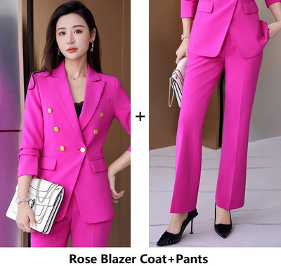 Costume de afaceri formale elegante, trandafiri, cu pantaloni și jachete, haină pentru femei, stiluri OL, pentru damă, costum profesionale cu pantaloni, set de blazere
