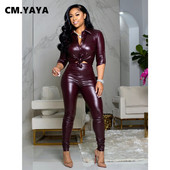 CM.YAYA Γυναικεία δερμάτινη φόρμα PU Μασίφ Skinny πουκάμισα Μπλούζες + Μολύβι Παντελόνια Δύο Σετ 2 τεμαχίων Παντελόνι από συνθετικό δέρμα Φθινοπωρινά ρούχα