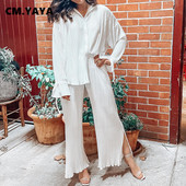 CM.YAYA utcai redőzött női szett tömör, hosszú ujjú ing osztott szegéllyel, széles szárú, bő nadrágkosztüm, két darab 2 részes készlet, otthoni öltöny