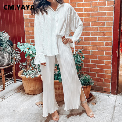 CM.YAYA Street Pleated Women`s Set Solid Long Sleeve Shirt Split Hem Wide Leg Loose Pants Suit Two 2piece Set Outfits Home Suits