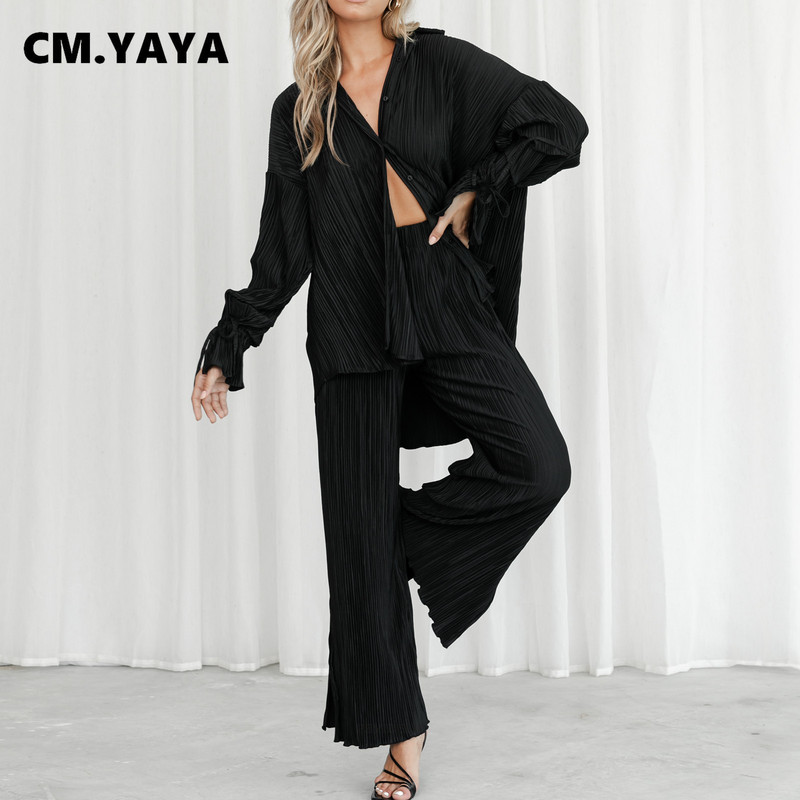 CM.YAYA utcai redőzött női szett tömör, hosszú ujjú ing osztott szegéllyel, széles szárú, bő nadrágkosztüm, két darab 2 részes készlet, otthoni öltöny