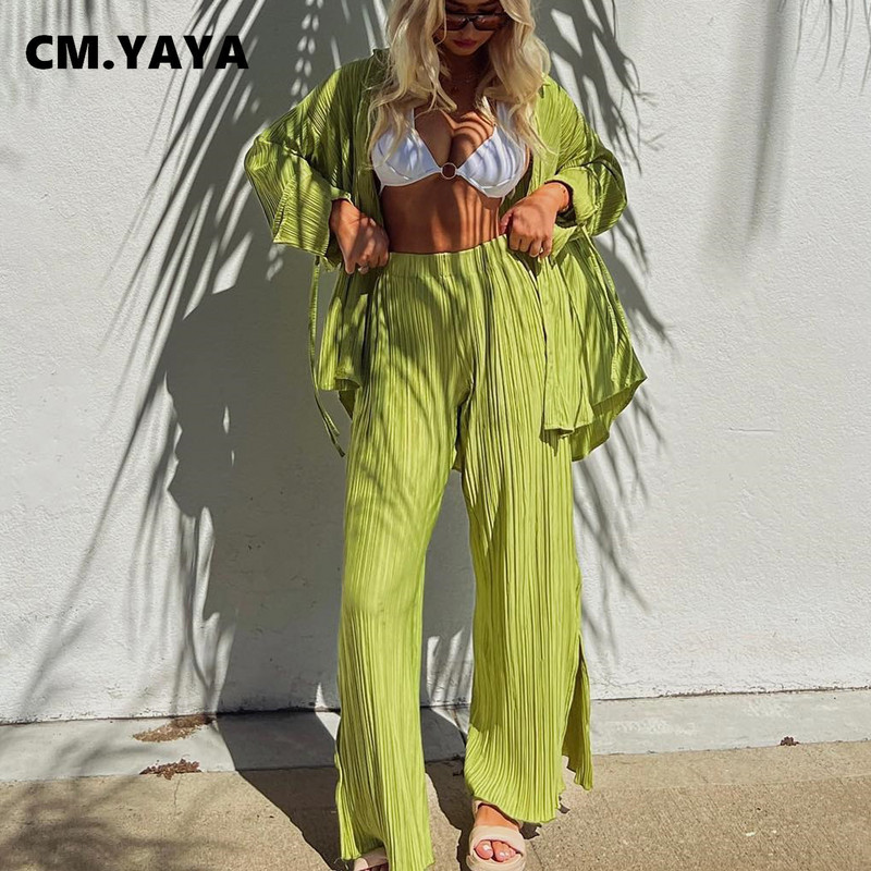 CM.YAYA utcai redőzött női szett tömör, hosszú ujjú ing osztott szegéllyel, széles szárú, bő nadrágkosztüm, két darab 2 részes készlet, otthoni öltöny