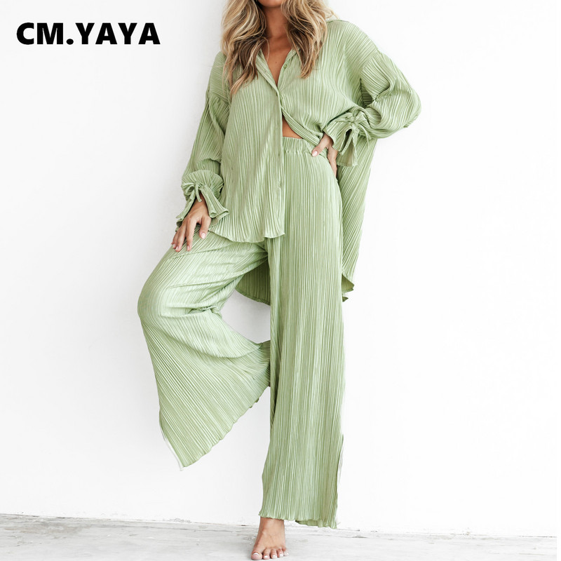 CM.YAYA utcai redőzött női szett tömör, hosszú ujjú ing osztott szegéllyel, széles szárú, bő nadrágkosztüm, két darab 2 részes készlet, otthoni öltöny