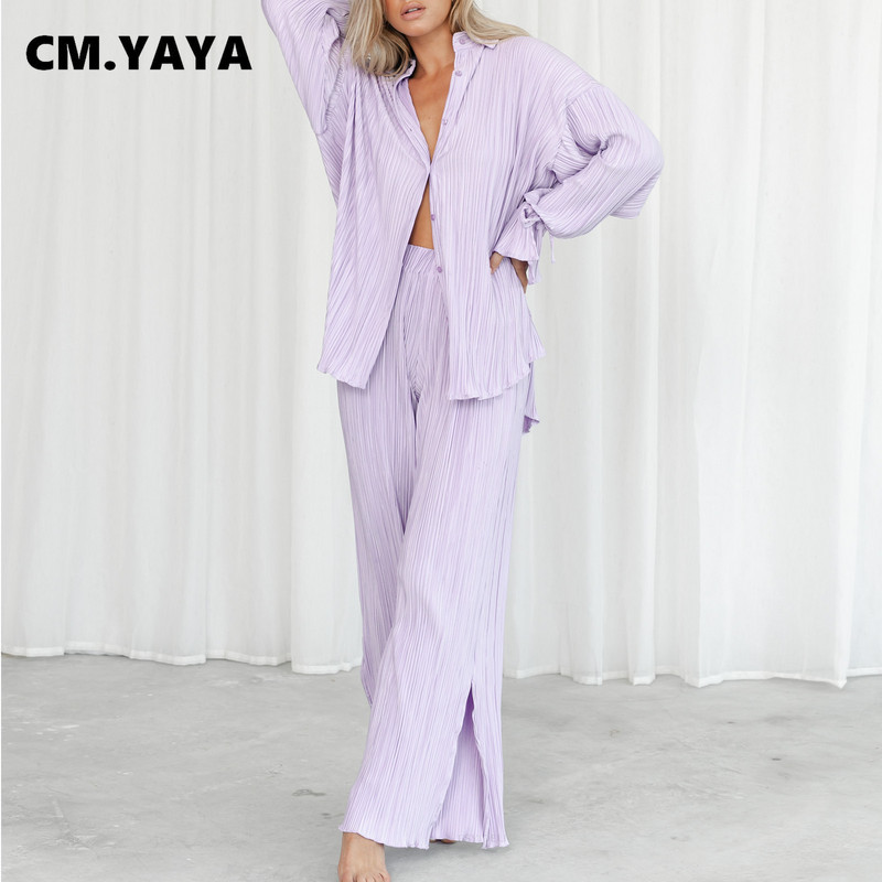 CM.YAYA utcai redőzött női szett tömör, hosszú ujjú ing osztott szegéllyel, széles szárú, bő nadrágkosztüm, két darab 2 részes készlet, otthoni öltöny