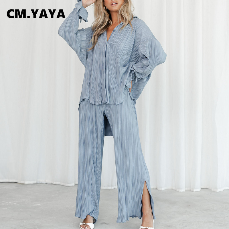 CM.YAYA utcai redőzött női szett tömör, hosszú ujjú ing osztott szegéllyel, széles szárú, bő nadrágkosztüm, két darab 2 részes készlet, otthoni öltöny