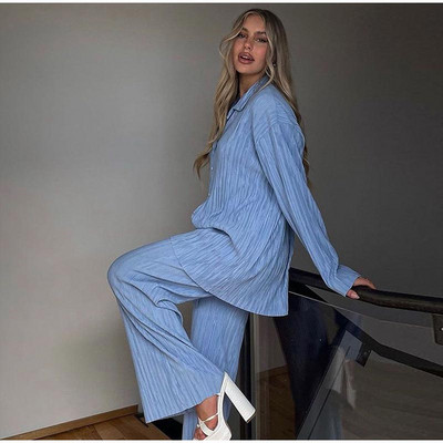 CM.YAYA női rakott szett széles szárú nadrágkosztüm 2022 hosszú ujjú ing szett egyenes nadrág két 2 részes készlet ruhák tréningruha