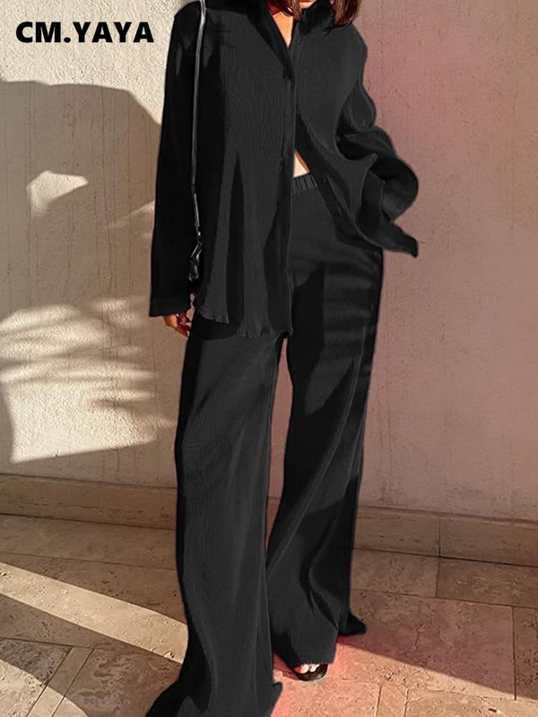 CM.YAYA női rakott szett széles szárú nadrágkosztüm 2022 hosszú ujjú ing szett egyenes nadrág két 2 részes készlet ruhák tréningruha