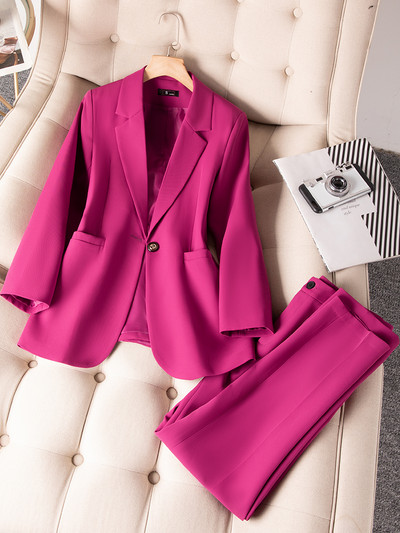 Ružičasto crna ženska radna odjeća Odijelo s hlačama Uredski ženski poslovni set od 2 komada Ženski ravni sako i hlače s jednim gumbom