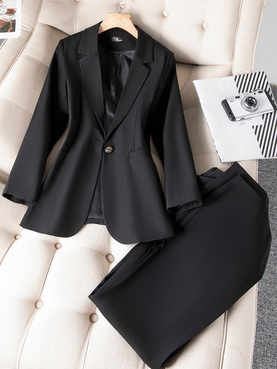 Ružičasto crna ženska radna odjeća Odijelo s hlačama Uredski ženski poslovni set od 2 komada Ženski ravni sako i hlače s jednim gumbom