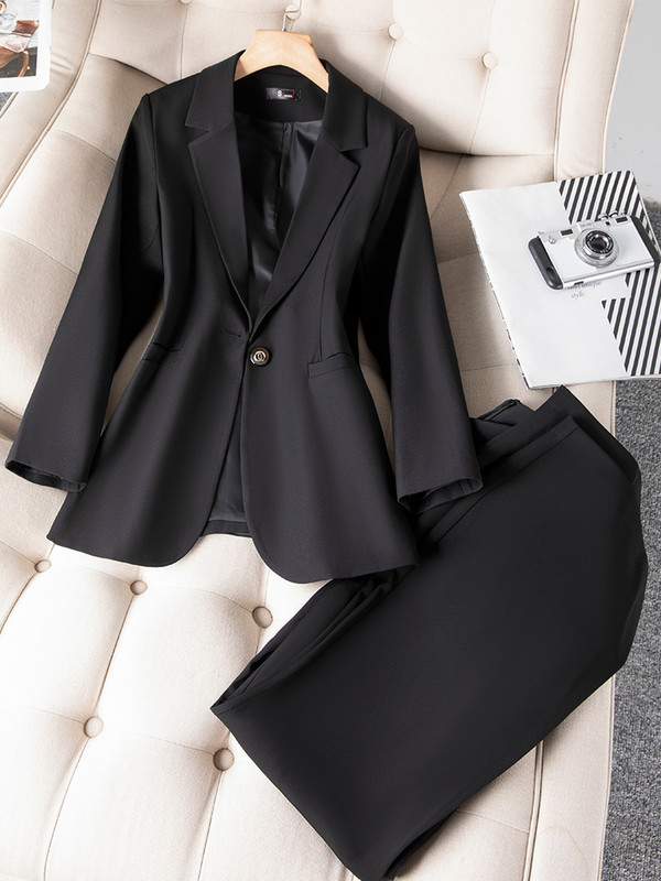 Ružičasto crna ženska radna odjeća Odijelo s hlačama Uredski ženski poslovni set od 2 komada Ženski ravni sako i hlače s jednim gumbom