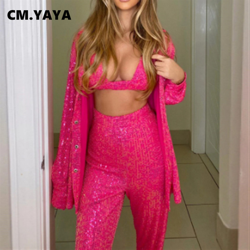 CM.YAYA Set de damă cu paiete de stradă Cămașă cu mânecă lungă Topuri și pantaloni largi Sutien Set elegant trei 3 piese costum de trening ținute Y2k