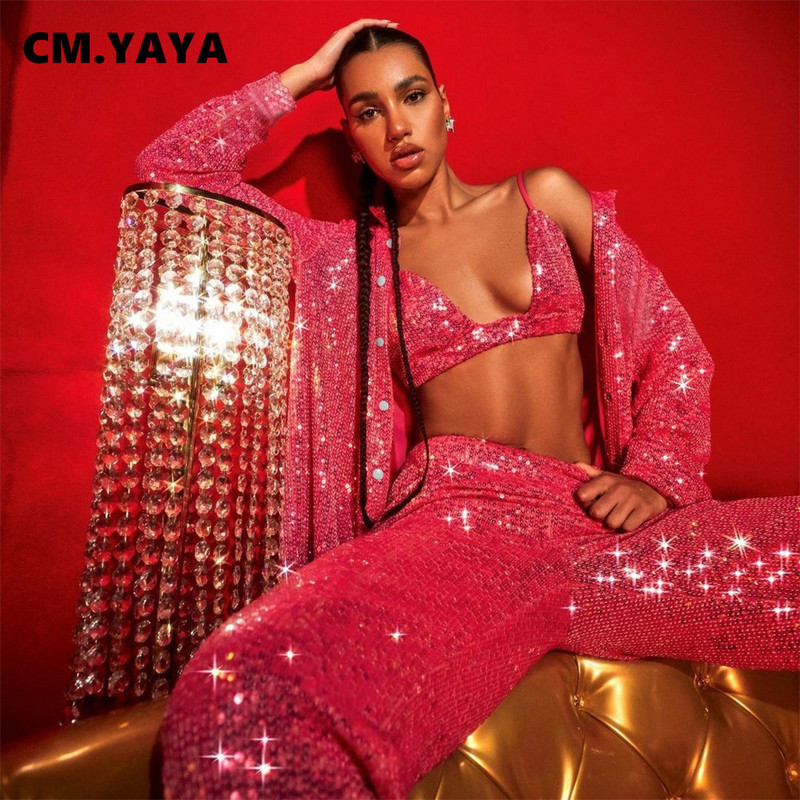 CM.YAYA Set de damă cu paiete de stradă Cămașă cu mânecă lungă Topuri și pantaloni largi Sutien Set elegant trei 3 piese costum de trening ținute Y2k