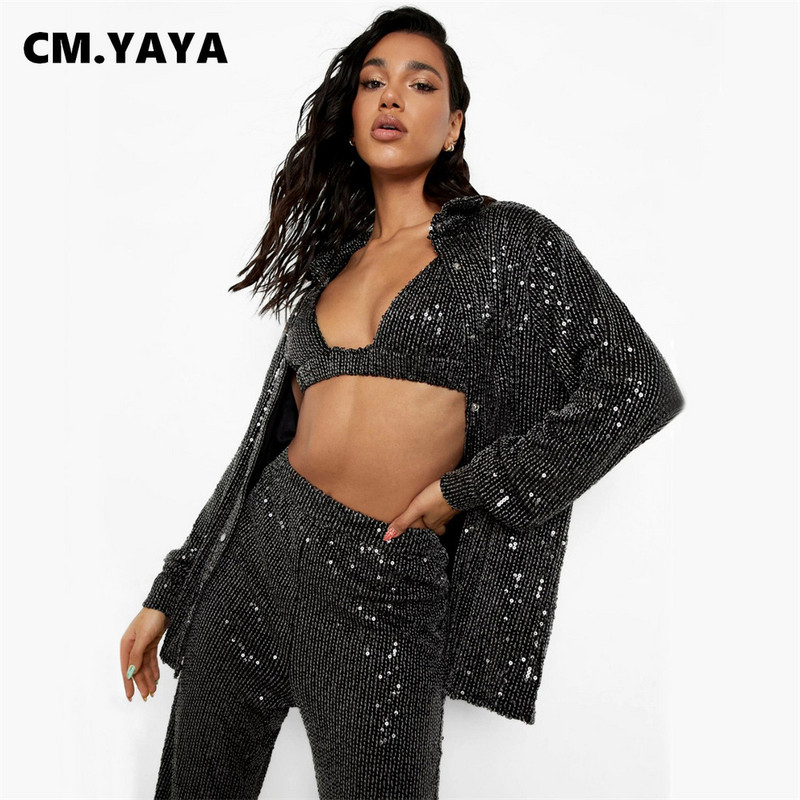 CM.YAYA Set de damă cu paiete de stradă Cămașă cu mânecă lungă Topuri și pantaloni largi Sutien Set elegant trei 3 piese costum de trening ținute Y2k