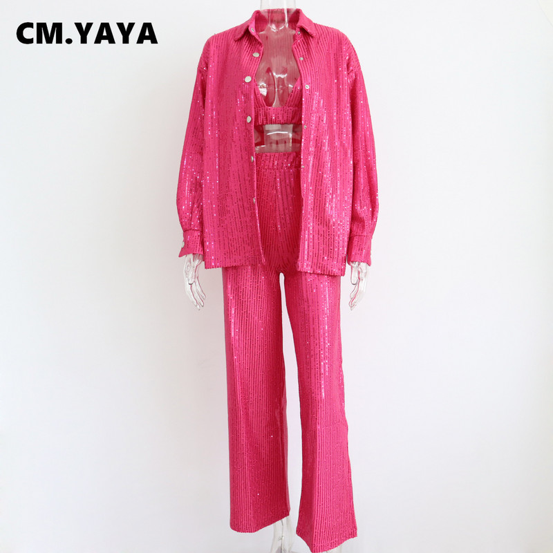 CM.YAYA Set de damă cu paiete de stradă Cămașă cu mânecă lungă Topuri și pantaloni largi Sutien Set elegant trei 3 piese costum de trening ținute Y2k