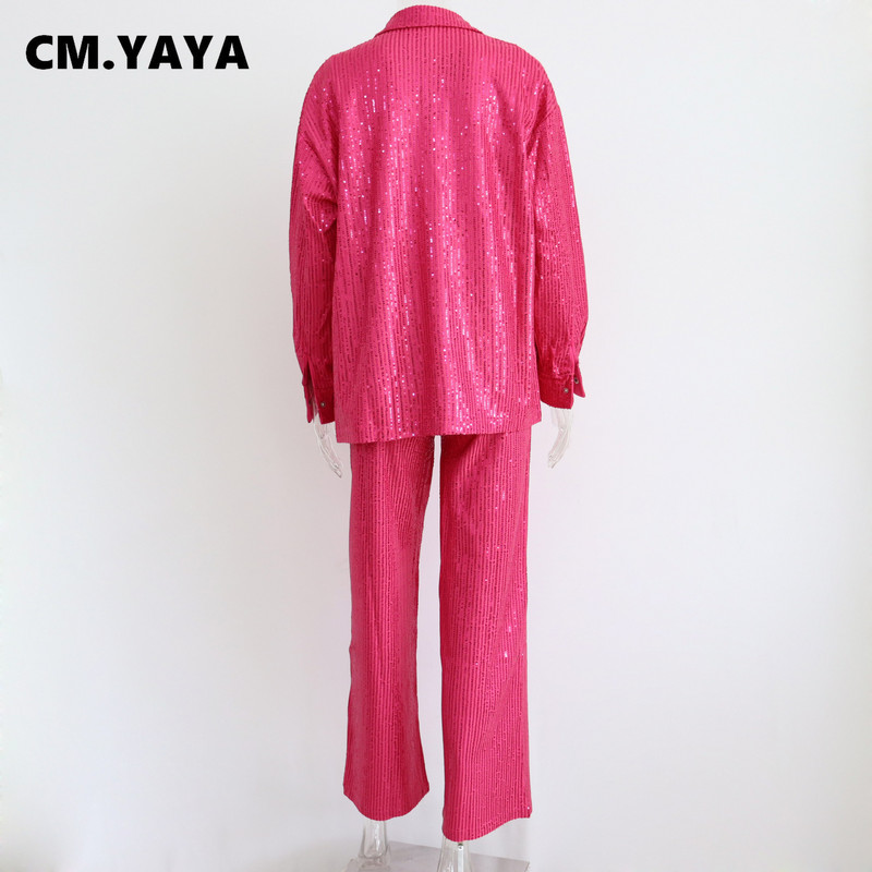CM.YAYA Set de damă cu paiete de stradă Cămașă cu mânecă lungă Topuri și pantaloni largi Sutien Set elegant trei 3 piese costum de trening ținute Y2k