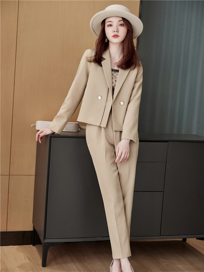Costume cu pantaloni alb, elegant, elegant, pentru femei, blazer și pantaloni crop coreeani, ansamblu cu mâneci lungi, blazer decupat, set în două piese, ținută