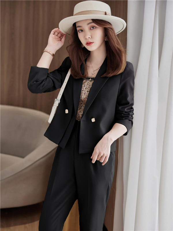 Costume cu pantaloni alb, elegant, elegant, pentru femei, blazer și pantaloni crop coreeani, ansamblu cu mâneci lungi, blazer decupat, set în două piese, ținută