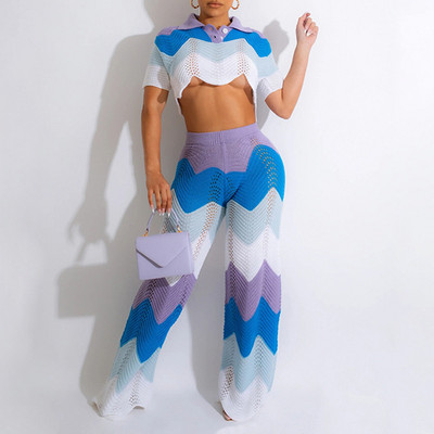 CM.YAYA Croșetat Wave Dunge Două 2 Piese Set Ținute pentru Femei Iarna Toamna 2022 Top cu mâneci scurte și Costum Pantaloni Trening INS