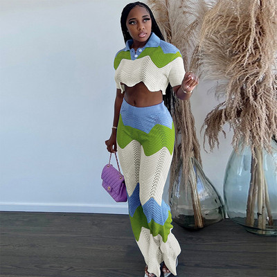 CM.YAYA Croșetat Wave Dunge Două 2 Piese Set Ținute pentru Femei Iarna Toamna 2022 Top cu mâneci scurte și Costum Pantaloni Trening INS