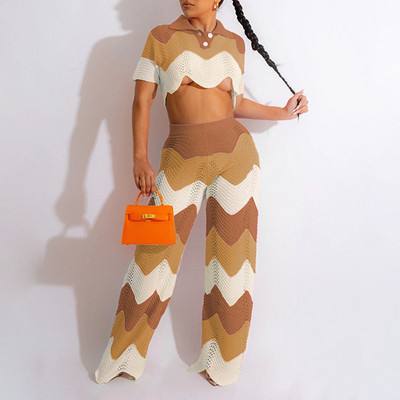 CM.YAYA Croșetat Wave Dunge Două 2 Piese Set Ținute pentru Femei Iarna Toamna 2022 Top cu mâneci scurte și Costum Pantaloni Trening INS