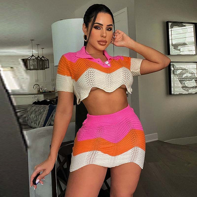 CM.YAYA Croșetat Wave Dunge Două 2 Piese Set Ținute pentru Femei Iarna Toamna 2022 Top cu mâneci scurte și Costum Pantaloni Trening INS